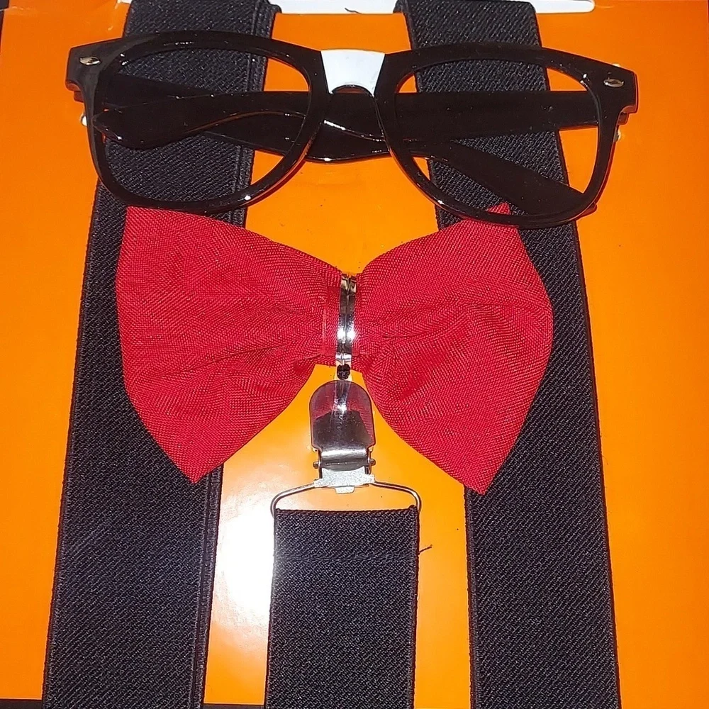 Adult Nerd Costume Black Glasses, Suspenders, Bow Tie NEW